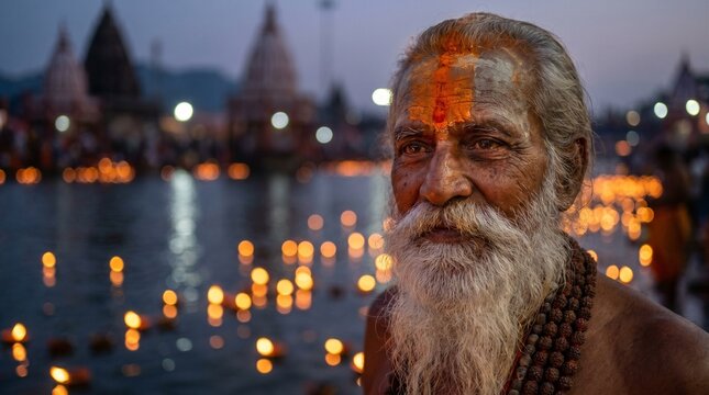 Portrait of an elderly Indian sadhu with a white beard and tilak at a holy river ghat during evening aarti festival