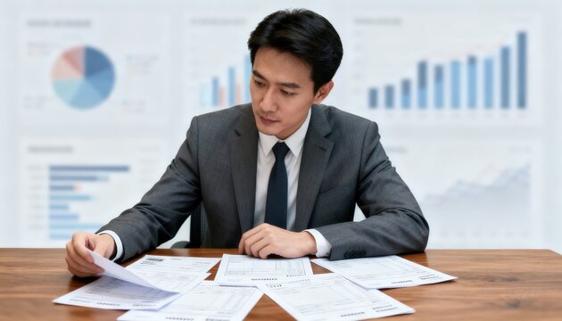 Medium shot of a financial analyst reviewing telecom invoices with charts blurred in the background focusing on optimizing carrier costs for a small business.