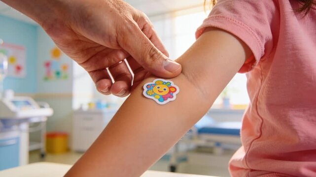 Entering hand pressing smiling flower sticker on child forearm in pink tee at clinic, reward