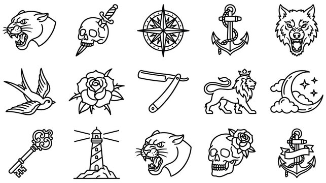 Traditional tattoo flash set with old school line art design symbols.