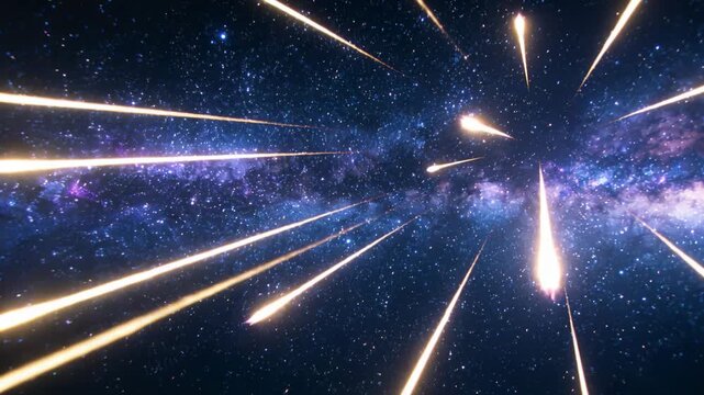 Streaming meteor cluster spawning above Milky Way and approaching camera, with glowing tails