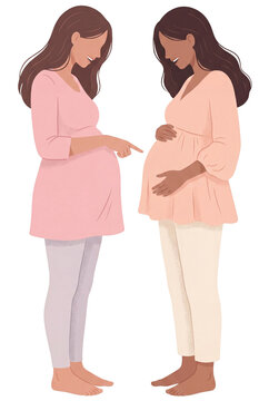 Motherhood illustration of 2 pregnant women talk