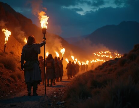 Group of ancient people walking through dark rocky terrain at night holding flaming torches. Leader with long hair carries tall torch high. Distant campfires glow on hill.
