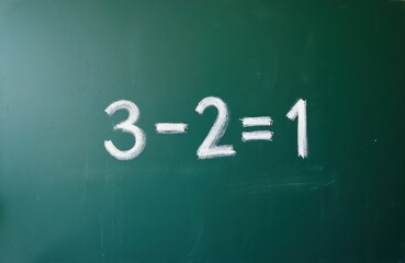 Naklejka premium Simple math problem 3 minus 2 equals 1 written with chalk on green school blackboard. Basic arithmetic calculation lesson for kids. Elementary math education concept.