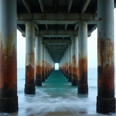 Fototapeta premium Ocean waves flow under large concrete columns of pier perspective view. Rusty aged supports rise over sea water, creating tunnel effect towards horizon. Coastal scene under overcast sky.