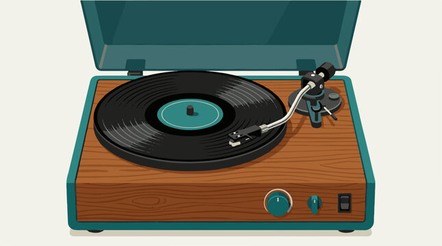 Vintage vinyl record player with wooden base and teal accents