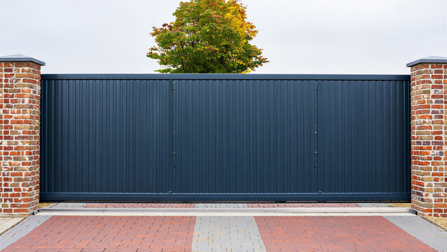 Corrugated metal sliding gate with red brick pillars corrugated entrance security driveway