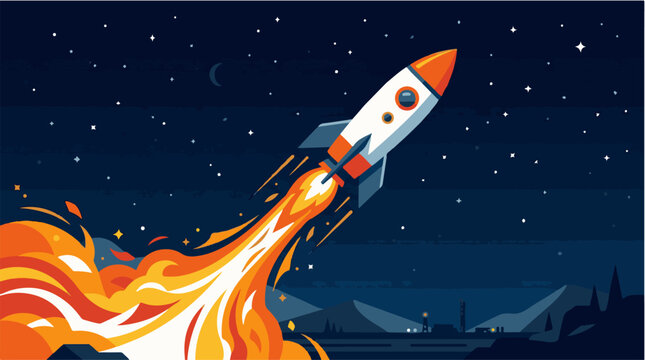 Rocket launching into starry night sky with flames