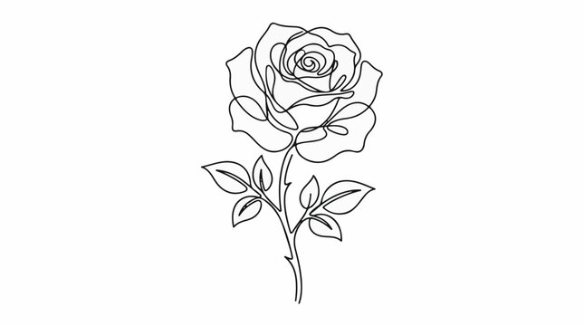 Line drawing of a single rose with leaves on a white background