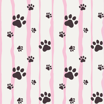 Cat paw vector seamless pattern. Pet footprint pattern with pink stripes background and black footprints. 