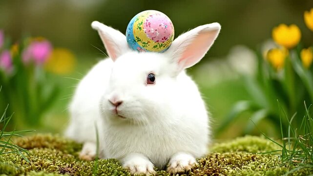 A cute white rabbit with a colorful egg balancing on its head.