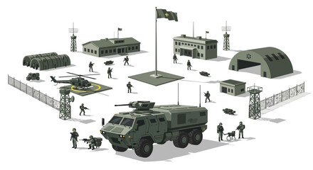 Fototapeta premium Military base illustration with vehicles, soldiers and buildings