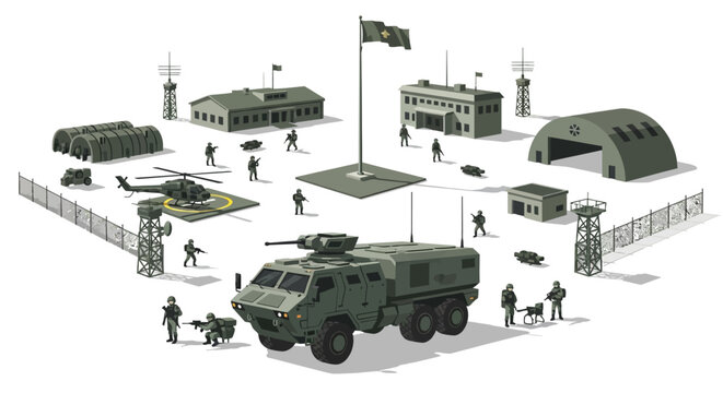 Military base illustration with vehicles, soldiers and buildings