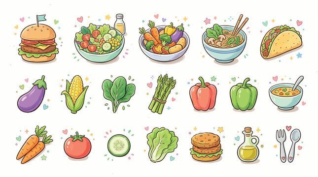 A vibrant collection of cartoon-style food illustrations featuring burgers, salads, vegetables, and various meal components with a playful aesthetic.