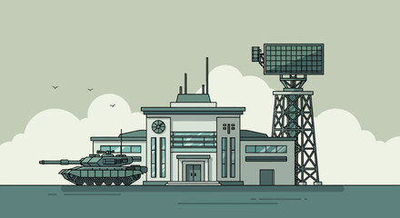 Naklejka premium Military base with tank and radar tower - vector illustration