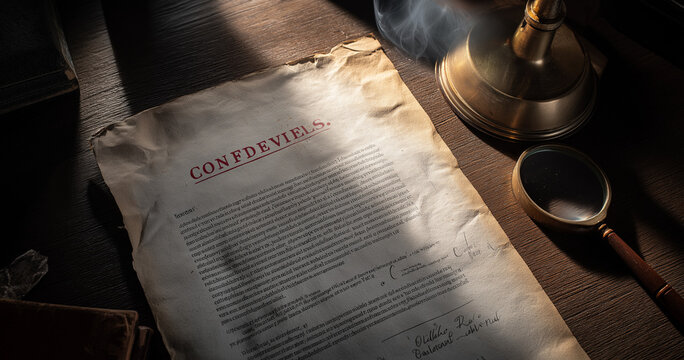 an overhead, slightly angled shot displays a document stamped confidential in red ink, a traditional brass lamp