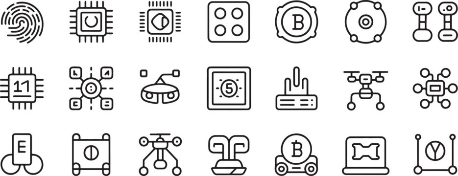 Circuit Board and Chip Icons Set with Blockchain, Cpu, Wireless, and Robot Automation Line Graphics Featuring Microchip, Microcontroller, Electronics