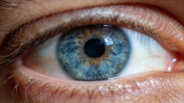 Blinking centered human eye responding to bright rectangular light in studio, revealing iris detail