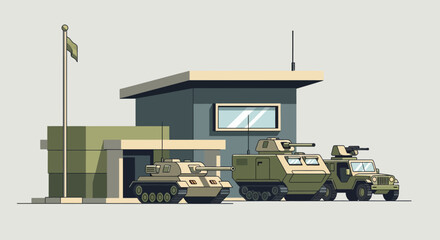 Obraz premium Military base illustration with armored vehicles and flag