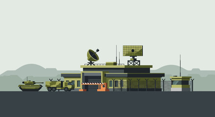 Fototapeta premium Military base illustration with radar, tank, and surveillance equipment.