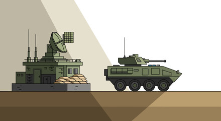 Obraz premium Military Base with Armored Vehicle and Radar Station Illustration