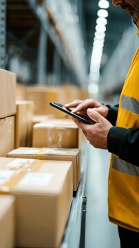 A logistics employee checks packages and updates inventory data on a tablet in a large warehouse. Efficient warehouse management and digital transformation in the supply chain industry are depicted