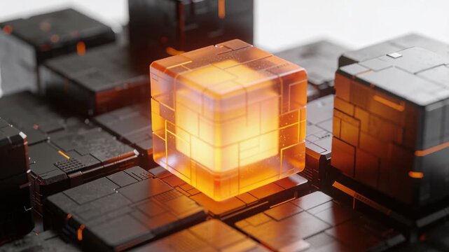 Shifting viewpoint closer, glowing orange cube pulsing on black modular pedestal, revealing edges