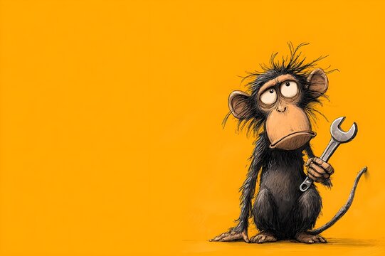 Illustration cartoon monkey moving the wrench and down and talking, eyes rolling in head