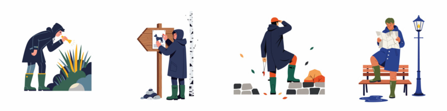 Flat vector illustration set of people searching and investigating outdoors in rainy weather, featuring characters with flashlights, maps, and missing dog posters.