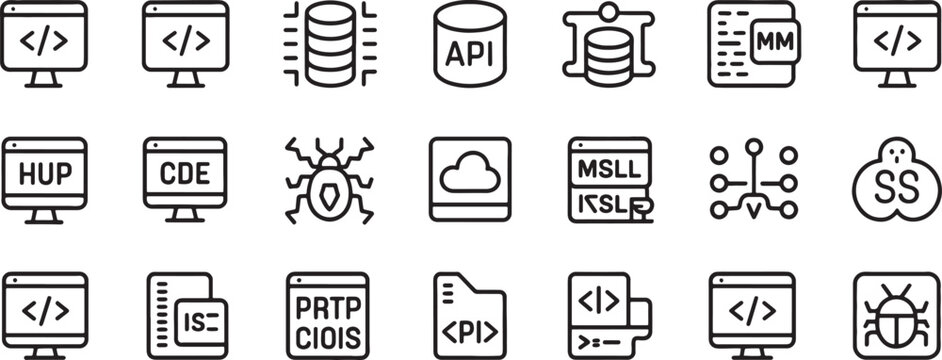 Computer Server Icon Set with Api Database, Code Brackets, Cloud Storage and Network Node Symbols in Outline Style