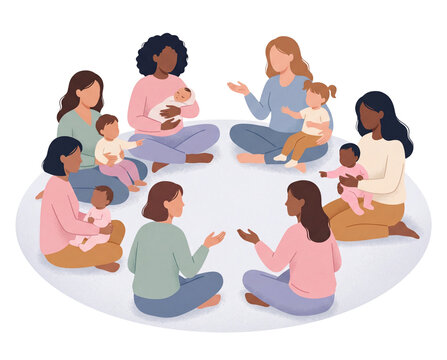 Motherhood illustration of mother's community disscussing