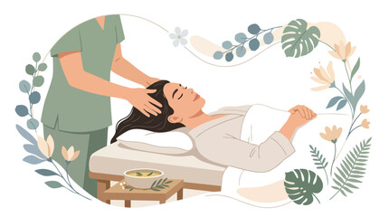 Fototapeta premium Professional therapist performing a relaxing head massage for a client in a spa.
