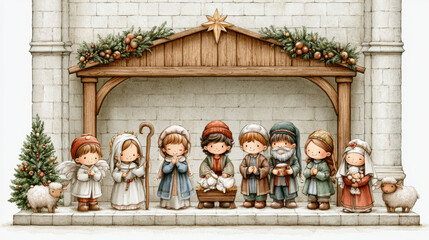Obraz premium Nativity scene with children dressed as biblical characters wooden stable with sheep and Christmas decorations, charming watercolor style