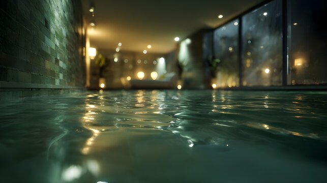 Ultra realistic view of floating calmly in jade-colored spa water at night, camera placed right above the water surface with clear water line, soft ripples and soft reflections in the foreground