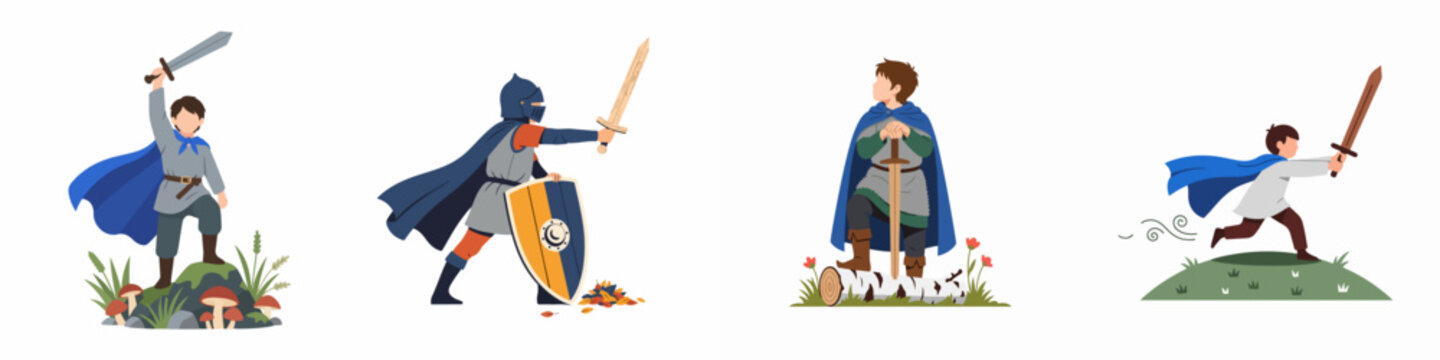 Set of illustrations featuring a brave little boy playing as a medieval knight with wooden swords, shields, and capes in various heroic poses.
