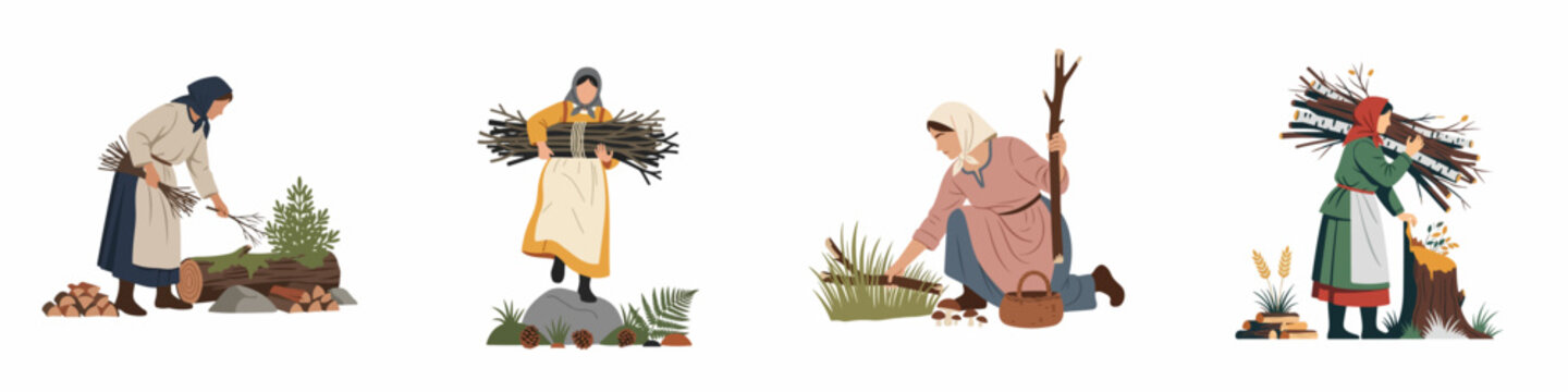 Set of illustrations depicting women in traditional peasant attire gathering wood and foraging in the forest, isolated on a white background.