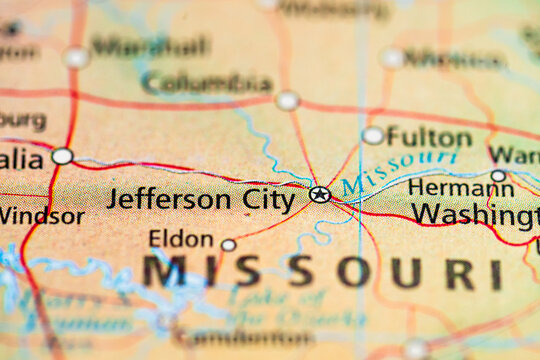 Jefferson City Missouri capital marked on detailed road map.