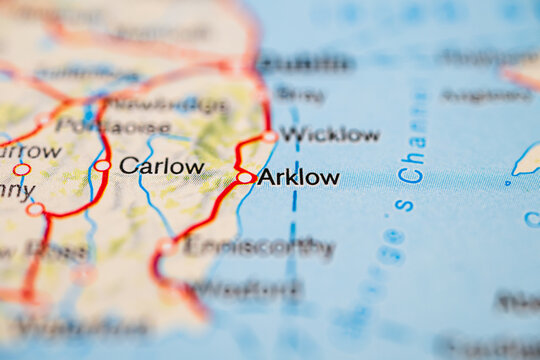Detailed road map featuring Arklow Wicklow and Carlow in Ireland.