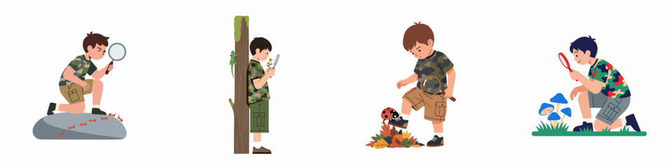 Set of young boys exploring nature with magnifying glasses, observing insects, plants, and mushrooms in a flat cartoon illustration style.