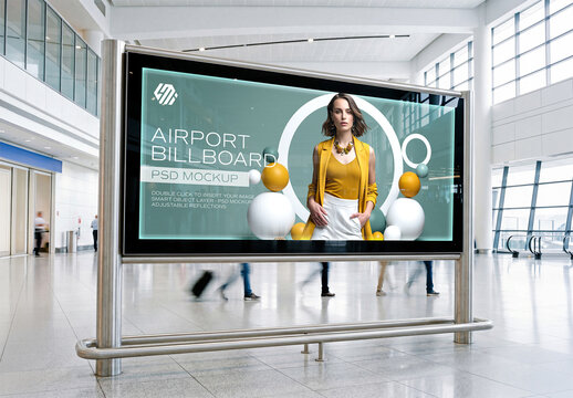 Panoramic Horizontal Billboard in Bright Clean Airport Interior Mockup