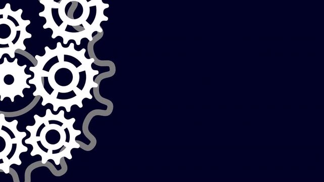 Simple animation of white and grey rotating gear wheels on a dark blue background for business and technology concepts. Minimalist industrial graphic loop for motion design