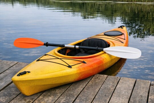 A yellow kayak sits on a dock next to calm waters, suitable for a peaceful day out or adventure planning