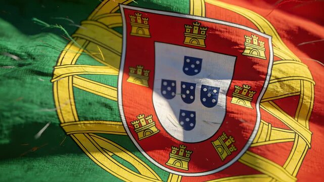 Breeze lifting Portuguese flag crest rippling at flagpole, sunlight revealing stitches and fibers