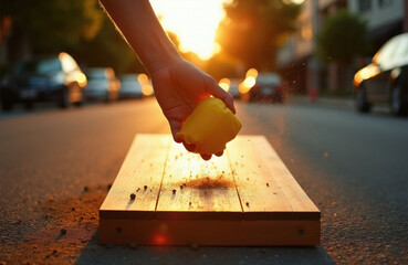 Obraz premium Hand tosses yellow bean bag onto wooden board. Dust particles scatter in warm sunlit street at golden hour. Outdoor game of cornhole action.