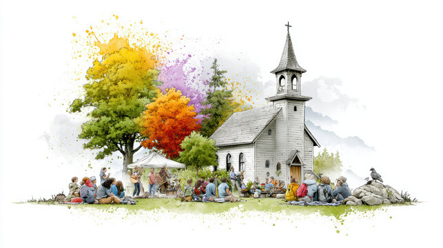 Small church outdoor gathering autumn trees people sitting live music colorful leaves community event peaceful scene nature watercolor style