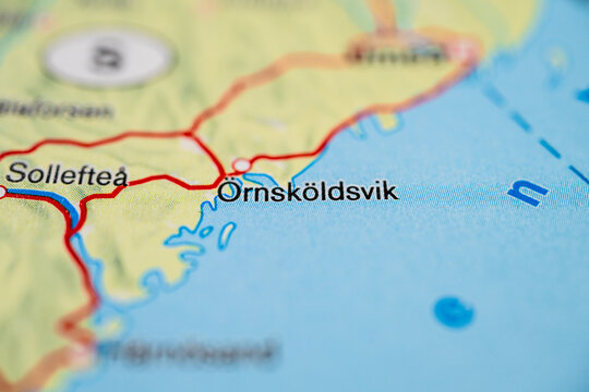 Close up atlas map of ?rnsk?ldsvik coastal city in northern Sweden.