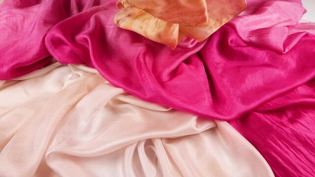 Peach silk fabric gently falls onto orange and pink scarfs. Elegant drape showcases smooth texture. Soft coral, terracotta, and fuchsia materials create ideal background for premium fashion.