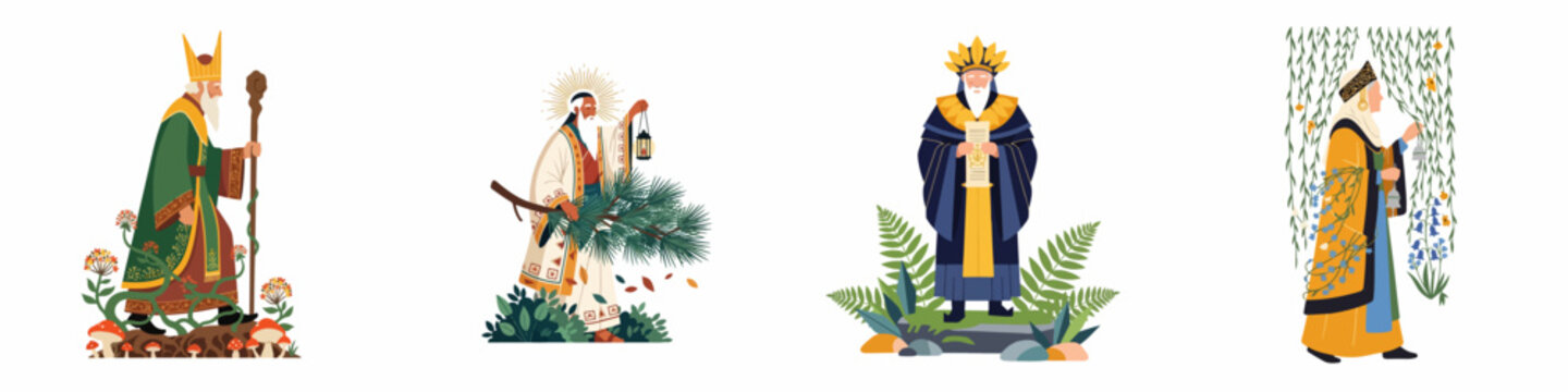 Set of four mystical folklore characters and deities representing nature, wisdom, and traditions, illustrated in a flat vector style on white background.