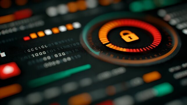 Digital security concept with a padlock icon on a glowing circular interface and data stream
