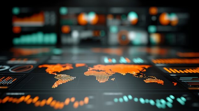 A digital interface displaying a world map and various data charts with an orange and teal color scheme. The background shows more blurred data visualizations
